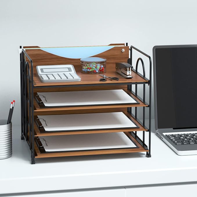 LUCYCAZ File Organizer for Desk - Paper Organizer, 4 Tier Wood Desk Organizer for Hanging File Folders Letter Size or A4 Size, Desktop File Organizer for Office School and Home, Black