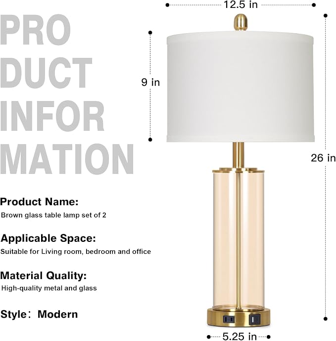 26" Modern Brown Glass Table Lamps Set of 2, Bedside Lamp with USB A+C Ports & AC Outlet, Living Room Lamps with 3-Way Dimmable Touch Control, Stylish Bedside Lamp for Bedroom Nightstand Dining Table