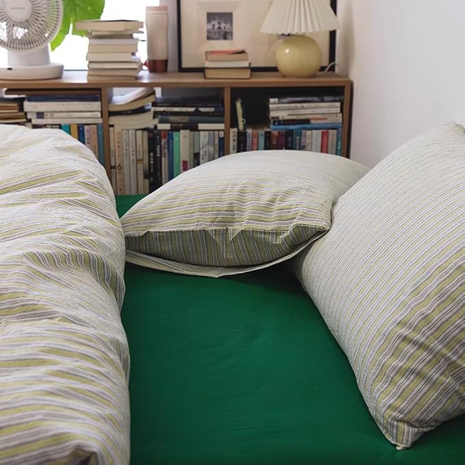 mixinni Vintage Geometric Striped Duvet Cover Set - 3 Piece 100% Washed Cotton Twin Size Bedding Set with Matching Pillowcases | Mid-Century Modern Design | Ultra Soft & Breathable-Twin Size