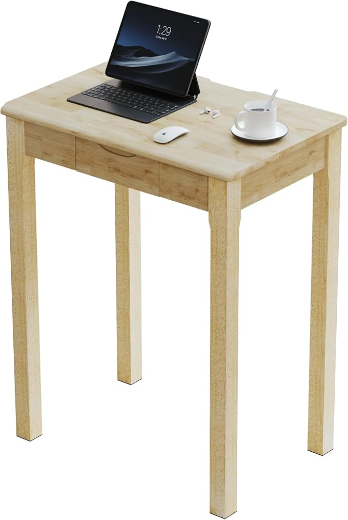 Solid Wooden Desk with Drawers - 24 x 16 Inch Narrow Desks for Small Spaces, Rubberwood Simple Study Table, Small Writing Desk for Bedroom - Natural Boho Desks