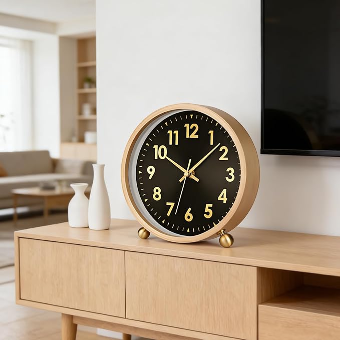 Maxspace Wooden Table Clock,8in Silent Non-Ticking Desk Clock with Gold Ball Base,Battery Operated Desktop Analog Clock for Living Room Office Bedroom Decor (Black Gold - Log, Copper Ball Base)