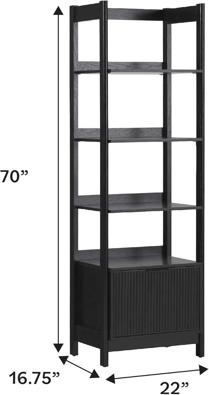 Walker Edison Transitional Reeded Narrow Open Bookshelf with Drawer on Bottom for Home Office, Living Room, Bedroom, 4-Shelf Bookcase with Bottom Storage, 22”W x 16.75”D x 70”H, Black