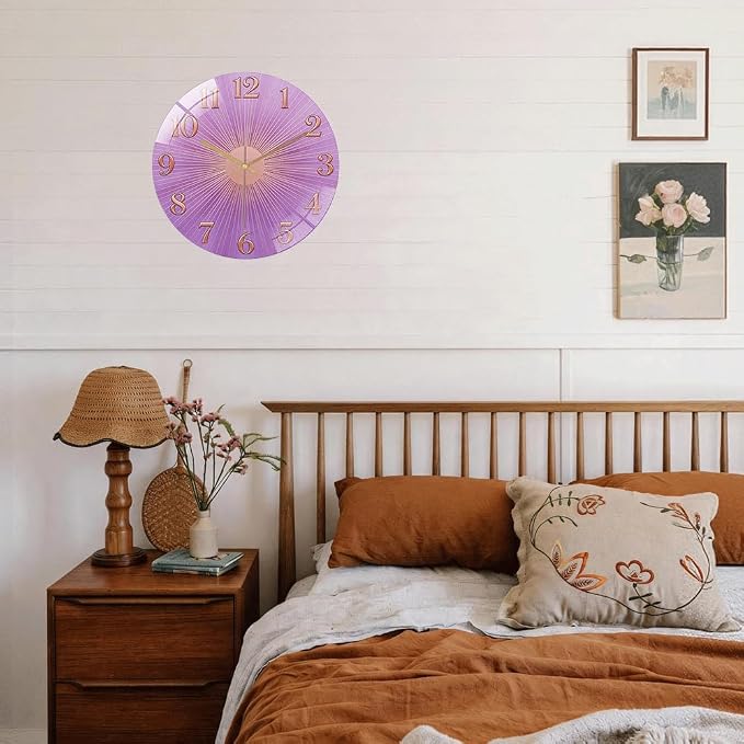 12 Inch Purple Sunburst Glass Wall Clock Silent Art Decor | Silent glossy clock with a purple sunburst and rose gold numbers, perfectly tracking time for your bedroom or living room