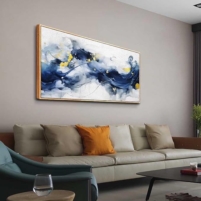 hyidecorart Wood Framed Wall Art For Living Room Large Size Wall Decor For Office Bedroom Wall Decorations Pictures Artwork Blue Abstract Ink Paintings Canvas Art Prints Ready To Hang Home Decor