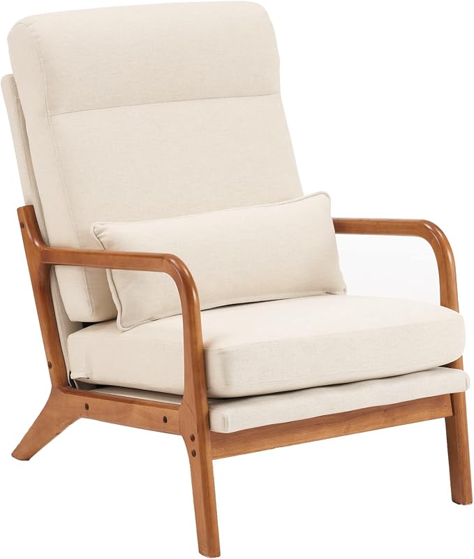 Bonnlo High Back Beige Accent Chairs Set of 2, Upholstered Mid Century Modern Lounge Fabric Chairs Reading Chairs Side Sitting Chair Solid Wood Farmhouse Armchairs for Living Room, Bedroom, Guest Room