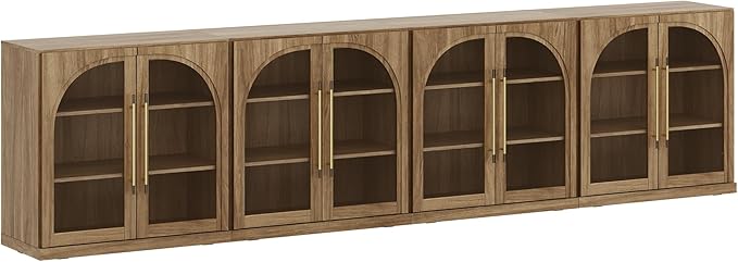 BELLEZE Set of 4 Modular Sideboard with Arched Glass Door, 130'' Accent Display Buffet Cabinet with Storage and Adjustable Shelves,Classic Modern Credenza for Dining Room Living Room Entryway (Camel)