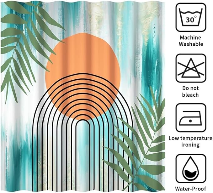 Modern Boho Teal Shower Curtain for Bathroom Abstract Minimalist Bathroom Decor Set Green Leaves Arch Orange Sun Bathtub Curtains Machine Washable Waterproof Polyester Fabric with Hooks 48x72 Inch