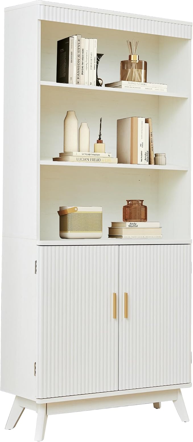 68" Fluted Tall Bookcase with Storage Cabinet,Mid-Century Modern 5-Tiers Arched Bookshelf Cabinet with Doors,Arched Bookcase with Open Display Storage Shelf for Home Office Bedroom Living Room, Beige