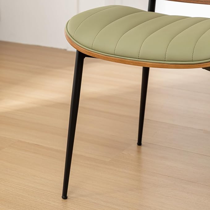 Rattan Dining Room Chairs Set of 2,Mid Century Modern Green PU Leather Kitchen Chair,Upholstered Seat Metal Legs Chair with Adjustable Foot Pads,Walnut Armless Side Chairs
