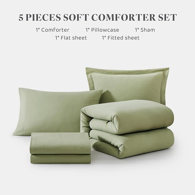 WRENSONGE Twin/Twin XL Comforter Set- 5 Pieces Sage Green Bed in a Bag, All Season Twin Bedding Sets with 1 Fitted Sheet, 1 Flat Sheet, 1 Pillow Sham and 1 Pillowcase