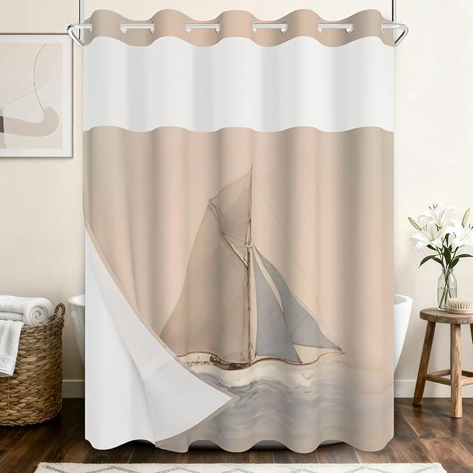 No Hook Shower Curtain with Removable Snap in Liner, Nautical Sailboat Coastal Ocean Sail Print, 71W x 74H Waterproof Fabric Double Layer Bath Curtain with Mesh Top for Bathroom
