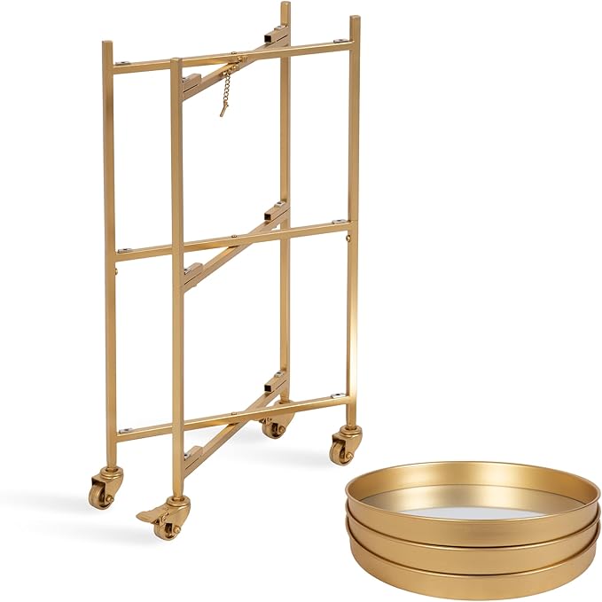 Kate and Laurel Celia Modern 3-Tier Bar Cart, 16 x 16 x 29, Gold, Decorative Round Rolling Serving Cart with Lockable Wheels and Three Tiers of Storage and Display Space