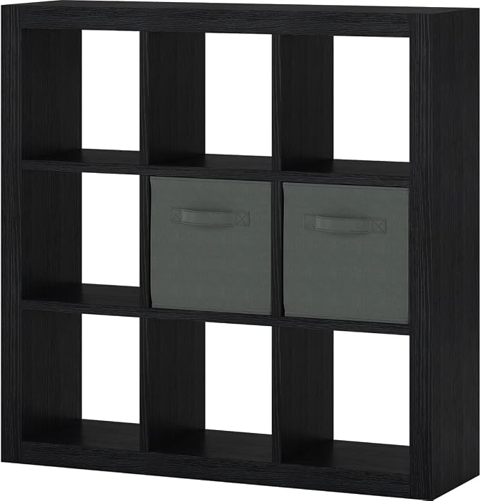 Bookshelf with Storage Bins, 9-Cube Storage Organizer Sturdy Wooden Bookcase Open Book Shelf, Multifunctional Cubicle Rack for Storage & Display, Furniture for Living Room Bedroom Office, Black