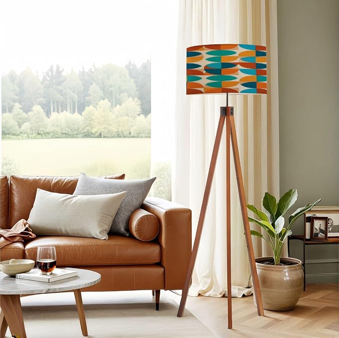 Wood Tripod Floor Lamp Abstract Geometric Blue Orange Colors Mid Century Mid Century Standing Lamp Linen Shade Dimmable Modern Tall lamp Home Decor for Living Room Bedroom Office