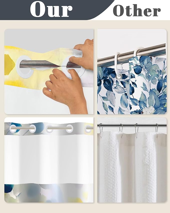 No Hook Shower Curtain with Snap in Liner, Watercolor Floral Wildflower Print Waterproof Bath Tub Curtain for Modern, Cottagecore, Boho Bathroom Decor, See Through Top, 71 x 74 Inch