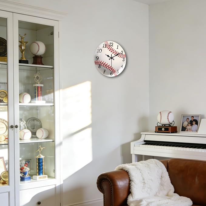 peacoblue Wall Clocks Battery Operated 12 Inch Baseball Glass Round Wall Clock Non Ticking for Kitchen Living Room Dining Room Bedroom and Bathroom Decor Accessories (Battery not Included)