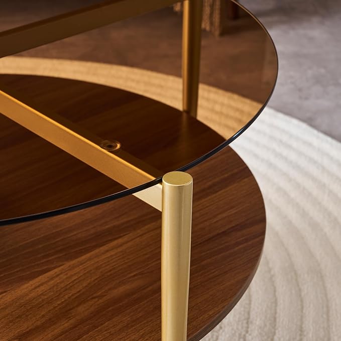 LumFurn Round Coffee Table, Mid-Century Modern Design, D30 x H17, for Living Room, 2-Tier Structure, Amber Glass Top and Walnut MDF Shelf, Sleek Conical Metal Legs with Gold Finish