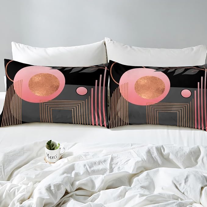 Erosebridal Pink and Black Abstract Boho Duvet Cover Full Size Mid Century Modern Comforter Cover Minimalist Aesthetic Neutral Bedding Set Botanical Leaves Simple Bed Set