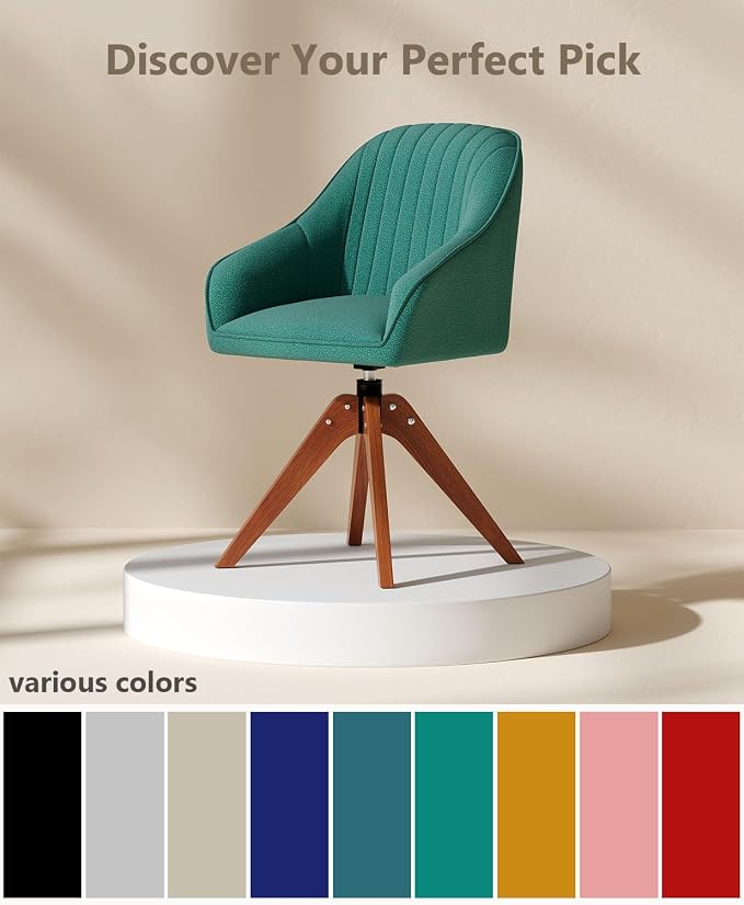OS MOTOR Modern Swivel Accent Chair with Arms, Upholstered Desk Chair No Wheels, Mid-Century Fabric Armchair with Oak Wood Legs for Home Office, Bedroom, Vanity, Green