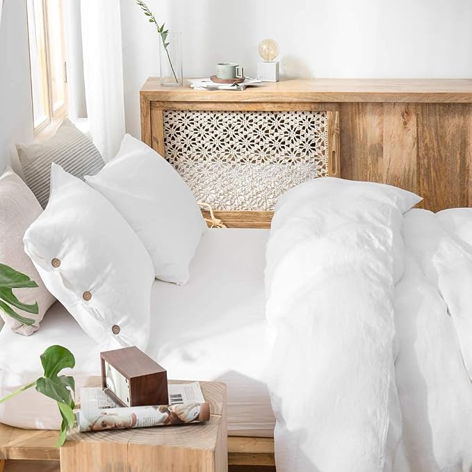 Simple&Opulence 100% Linen Duvet Cover Set 3pcs with Coconut Button Closure Natural French Washed Flax Solid Color Soft Breathable Farmhouse Bedding - White, Full Size