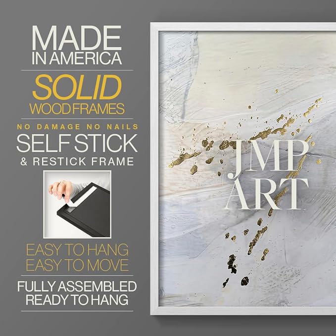 Renditions Gallery Set of 2 Peel & Stick Framed Prints, Modern Abstract Wall Art, Gold Sprinkle Oil Painting Wall Decor, Re-Stickable - Ready to Hang - 22"x28" - White Frame LT588