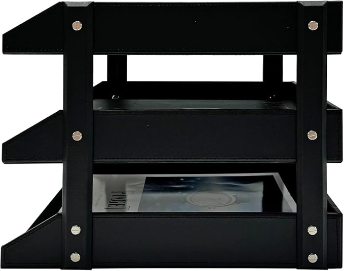 UnionBasic 3-Layer Document Paper Letter Tray, Faux Leather Desktop File Sorter Organizer Tray, Black