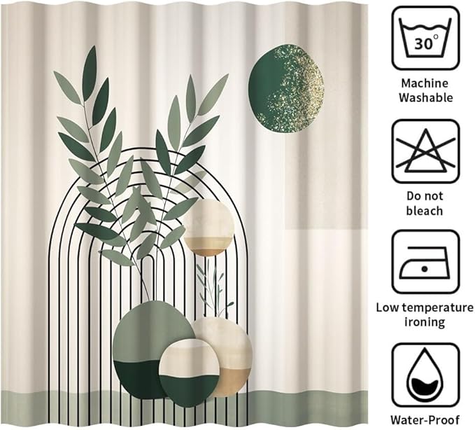 Mid Century Boho Shower Curtain for Bathroom Modern Abstract Minimalist Bathroom Decor Set Green Leaf Sun Arch Bathtub Curtains Machine Washable Waterproof Polyester Fabric with Hooks 69x70 Inch
