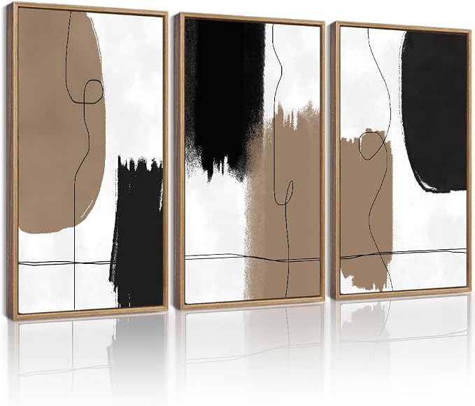 KUVIOKE Neutral Abstract Framed Wall Art Beige Mid Century Textured Wall Decor Minimalist Line Modern Illustrations Art Print Home Decor 16x24in (Natural Framed)