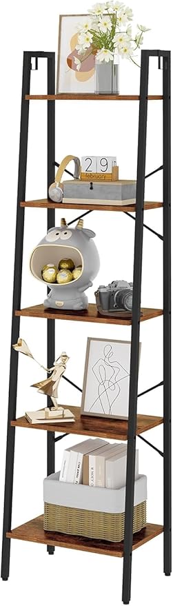 Hzuaneri Ladder Shelf, Bookshelf Bookcase, Freestanding Corner Storage Shelve with 2 Hooks for Home Office, Living Room, Kitchen, Bedroom, Industrial, 11.8" D x 17.3" W x 63" H, Rustic Brown BC19201B