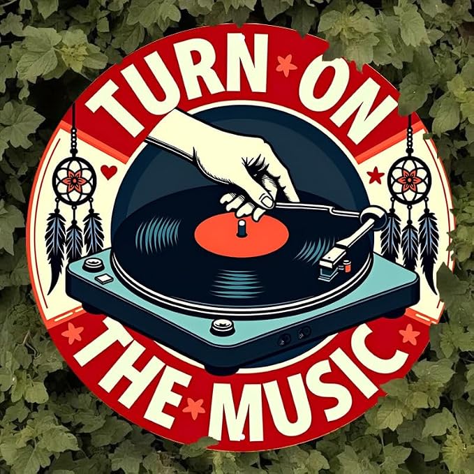 1pc Vintage Turn On The Music Vinyl Record Tin Sign, Retro Style Aluminum Wall Art, Rustic Metal Decor Plaque, 8x8", with No Electricity Needed, Cafe - Multipurpose Wall Hanging
