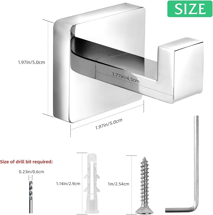 Heavy Duty Stainless Steel Towel Hooks, Wall Mounted Square Robe Hooks for Bathroom, Kitchen, Bedroom, Hotel Chrome Polished 2 Pack