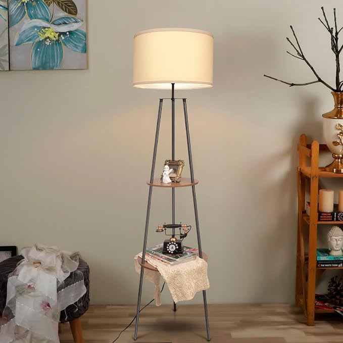 Tripod Floor Lamps for Living Room, Mid Century Floor Lamp with Shelf, 62" Standing Lamp Modern Floor Lamp with Beige Linen Texture Shade for Living Room, Bedroom, Office