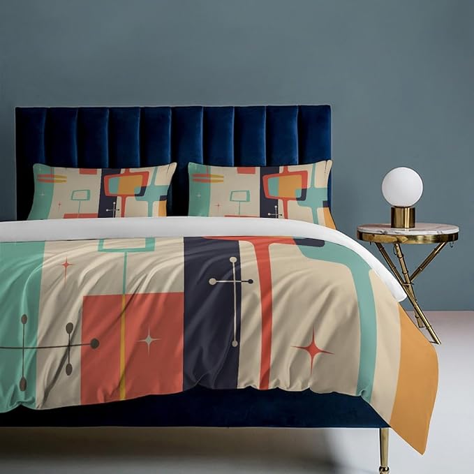 Mid Century Duvet Cover Queen Retro Atomic Bedding Set, Rainbow Grid Comforter Cover Vintage Fifties 1950s Bed Set,Abstract Art Bedding 3 Piece (1 Duvet Cover 102"x90" + 2 Pillow Sham 20"x30")