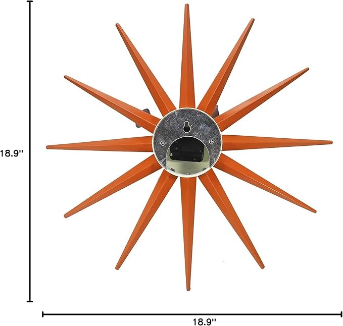 SHISEDECO Modern Sunburst Clock in Orange Color, Non Ticking Wooden Mid Century Retro Design Decorative Silent Wall Quartz Clocks for Home, Kitchen, Living Room, Office and Bedroom etc.