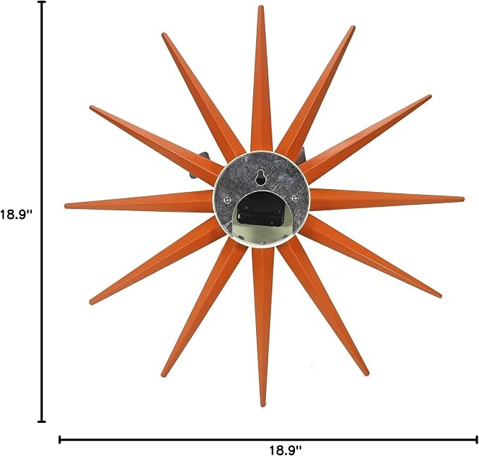 SHISEDECO Modern Sunburst Clock in Orange Color, Non Ticking Wooden Mid Century Retro Design Decorative Silent Wall Quartz Clocks for Home, Kitchen, Living Room, Office and Bedroom etc.