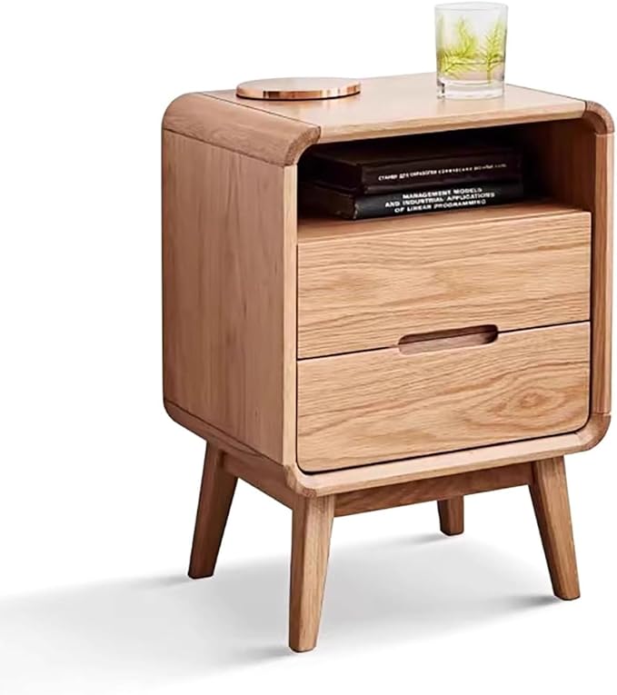 Solid Wood Nightstand, Mid Century Modern Small Nightstand with Two Drawers, Small Night Stand with Open Shelf, Oak Bedside Table for Bedroom, Dorm(Natural Wood Color)