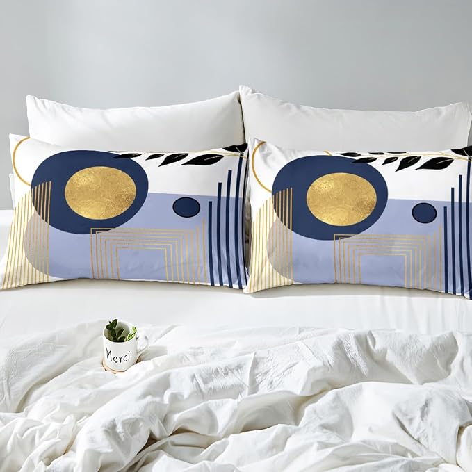 Erosebridal Boho Mid Century Queen Comforter Cover Blue Neutral Modern Duvet Cover Geometric Abstract Bed Set Minimalist Aesthetic Bedding Set