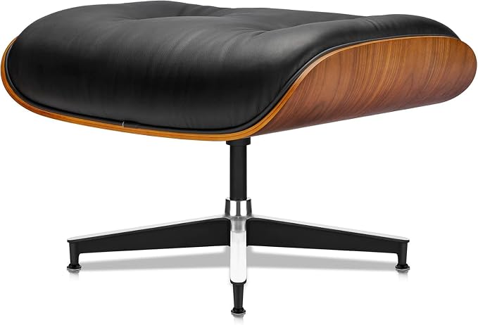 Top Black Grain Leather Mid Century Chaise Lounge Chair with Ottoman, Recliner Chaise Lounge, Modern Accent Chair for Living Room Office (Light Walnut)