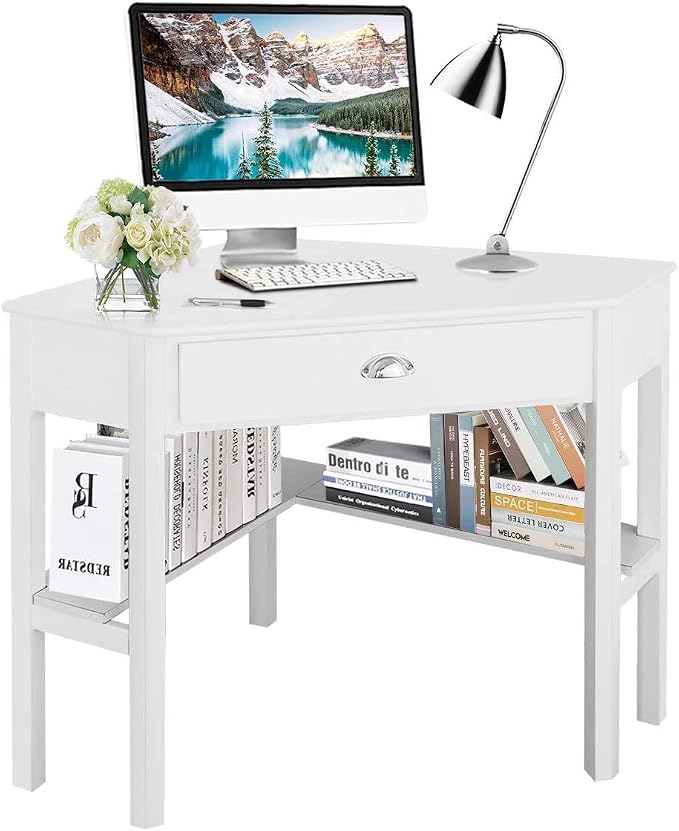 Nightcore Corner Desk for Small Space, Wood Corner Computer Desk, Compact Writing Table w/Drawer & Storage Shelves, Space Saving Study Workstation, Laptop PC Corner Table for Home Office
