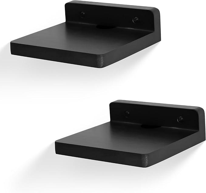 Small Floating Shelf for Wall,5 Inch Wooden Wall Shelf Set of 2,Mini Speaker, Baby Monitor,Cameras,Figurines Display Stand, for Bedroom, Gaming Room, Living Room, Bathroom, Office(Black)
