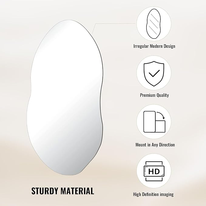 Irregular Wall Mirror, 36 x 20 Inch Asymmetrical Frameless Mirror for Bathroom, Living Room, Bedroom, Modern Abstract Vanity Mirror with Shatter-Proof Glass