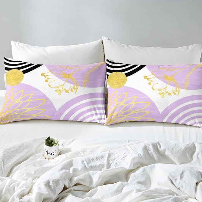 Erosebridal Purple and White Modern Duvet Cover Toddler Size for Minimalist | Abstract Mid Century Comforter Cover Bohemian Leaf Floral Botanical Bedding Set Aesthetic Modern Geometric Bed Set