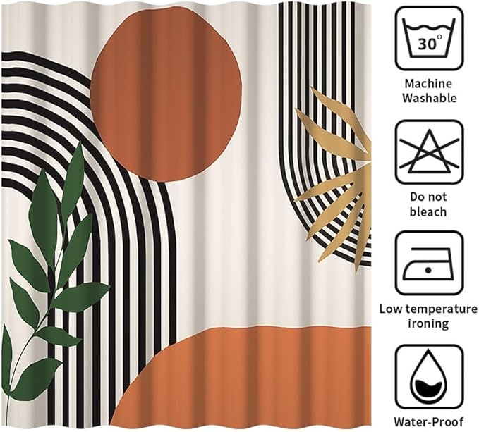 Mid Century Boho Shower Curtain for Bathroom Brown Green Leaves Red Sun Arch Stripes Shower Curtains Vintage Abstract Bathroom Set Decor Washable Waterproof Polyester Fabric with Hooks 65x72 Inch