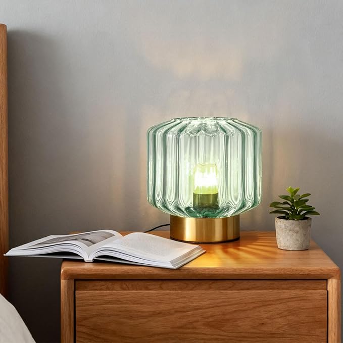Bedside Table Lamp Touch nightstand lamp with Dark Green Glass Shade Mid Century Modern Table lamp Gold Desk lamp Small Mini Vintage Table Light for end Table Bedroom Living Room Office