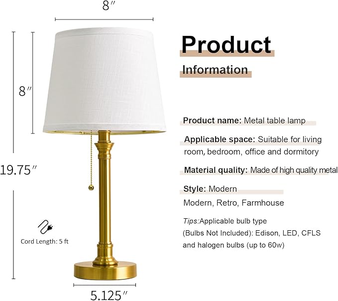 Oneach 19.5" Gold Table Lamp Set of 2, Small Bedside Table Lamps with White Linen Shade, Pull Chain Switch, USB A+C Charging Ports, Modern Nightstand Lamp for Living Room, Bedroom, Nursery