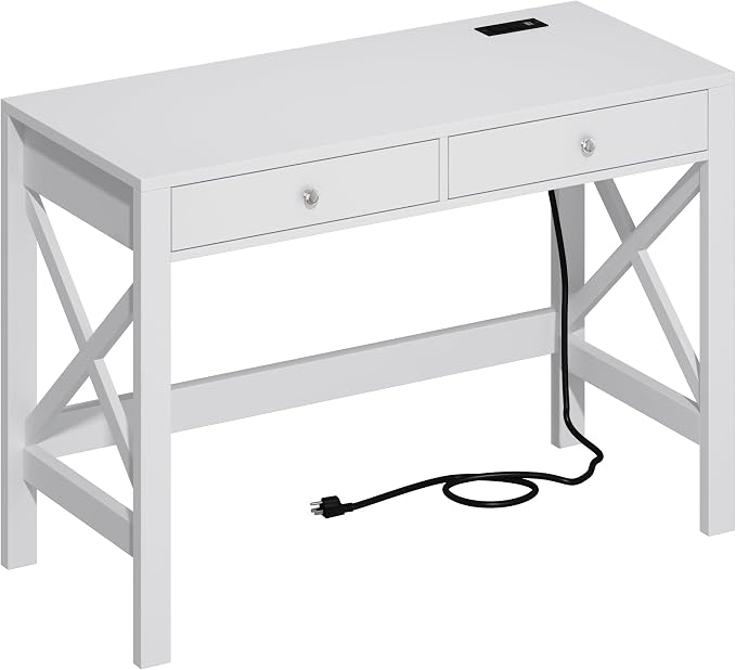 ChooChoo Computer Desk with USB Charging Ports and Power Outlets, Modern Simple 40 Inches Desk with Drawers, Makeup Vanity Console Table, White