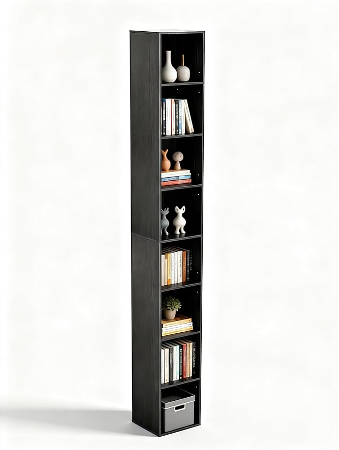 8-Cube Storage Organizer Bookcase, Tall Narrow Bookshelf for Home Office, Black