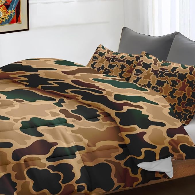 Comforter Set with Pillowcase Twin Size, Brown Camouflage Camo Hunting Hunter, Bed Decor Wood Green Desert Army Military for Kids and Adults, Soft Cozy Bedroom Bedding Set