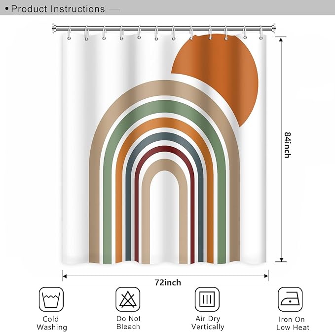 Mid Century Bohemian Bathroom Shower Curtain Colorful Stripes Arch Orange Sun Boho Shower Curtain with Hooks Waterproof Fabric Polyester Shower Curtain Aesthetics Home Decor, 72x84 Inch
