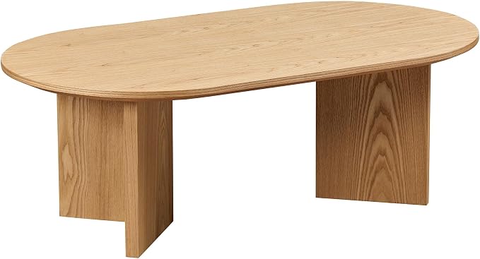 SSLine Mid-Century 39.37" Oval Coffee Table with Pedestal Base Natural Brown Wood Grain Top Cocktail Center Table for Living Room Bedroom